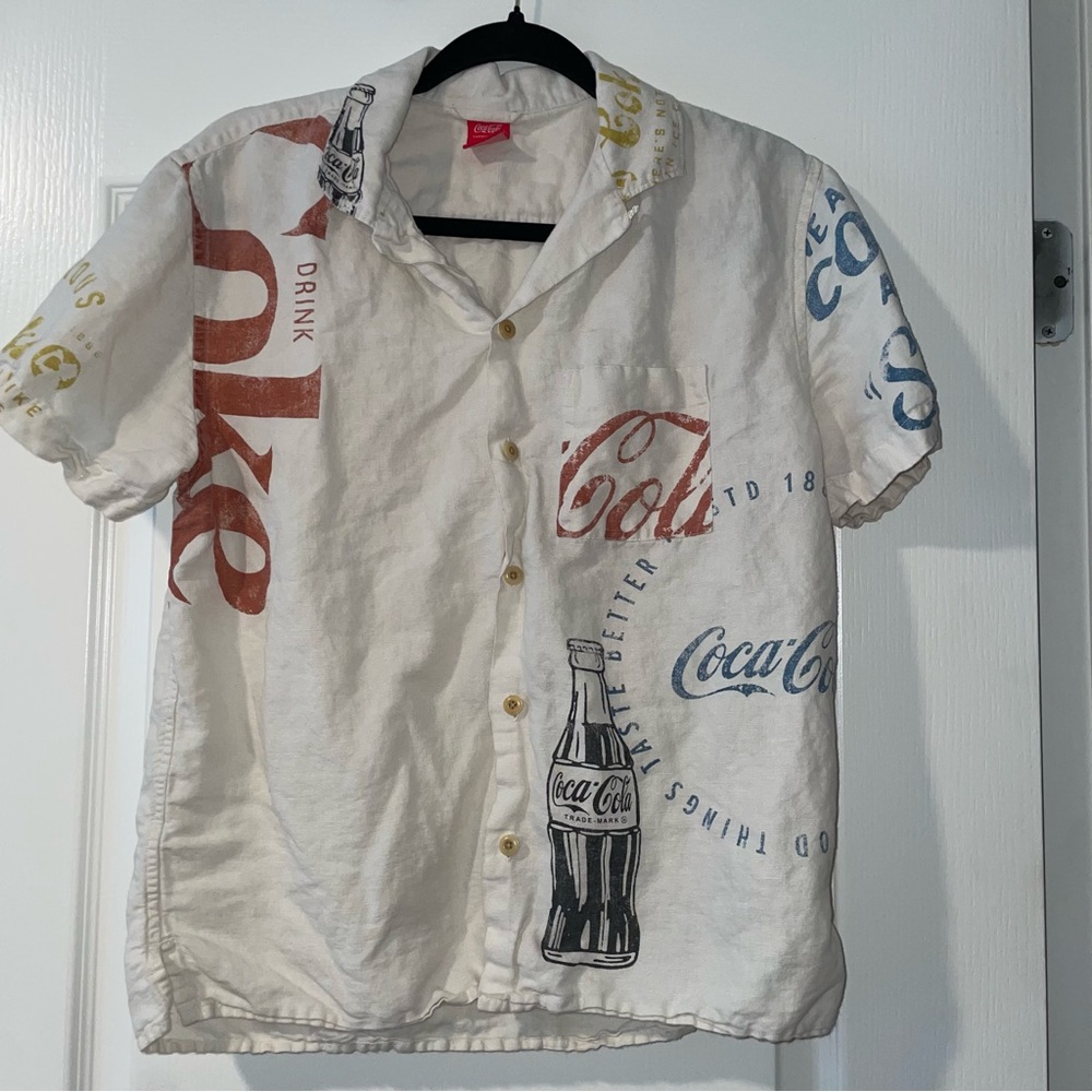Coca Cola Men's Cream Graphic Button Down Shirt